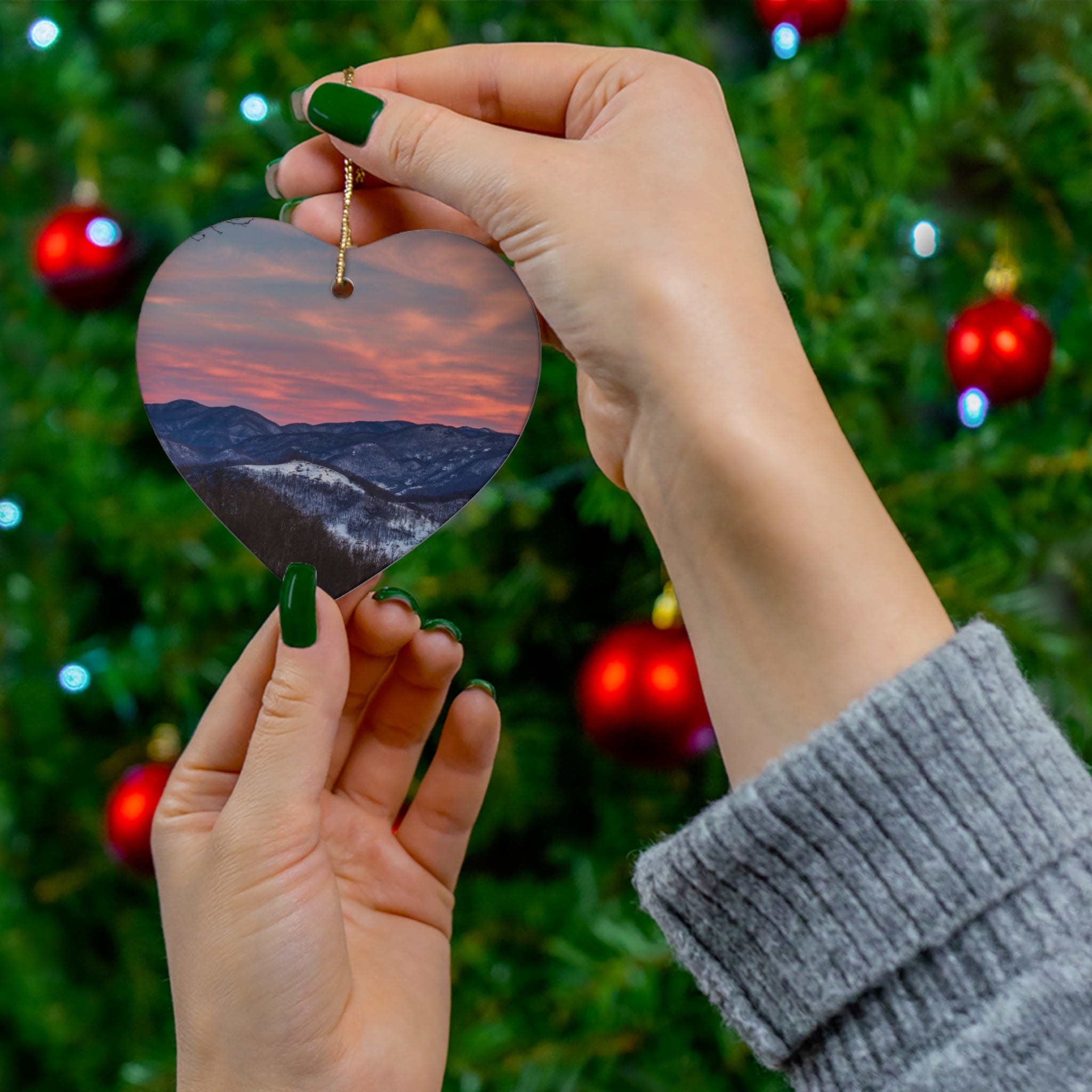Ceramic Ornament Set, Mountain Sunset Decor, Holiday Gifts, Home Decoration, Nature Lover Ornament, Personalized Ornaments, Seasonal Decor